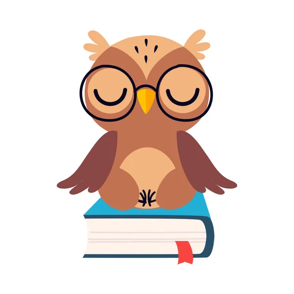 聪明的布朗猫头鹰，可爱的小鸟卡通人物在书刊上的坐姿和放松 — 图库矢量图片