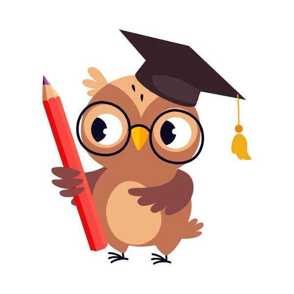 Coruja marrom sábio no tampão da graduação, personagem bonito dos desenhos animados do professor do pássaro com ilustração do vetor do lápis — Vetor de Stock