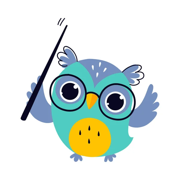 Klok uggla i glasögon som håller pekaren, söt fågel lärare tecknad figur vid lektion vektor Illustration — Stock vektor
