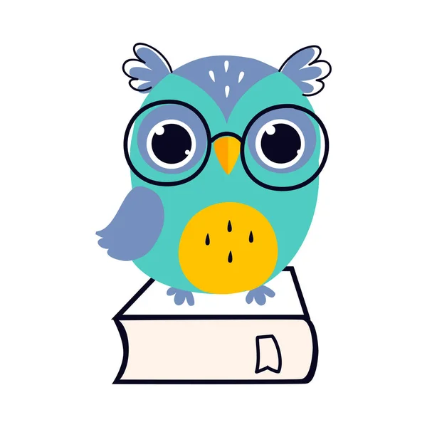 Coruja sábia em óculos Sentado no livro, Professor de pássaro bonito Desenhos animados Personagem Vetor Ilustração — Vetor de Stock