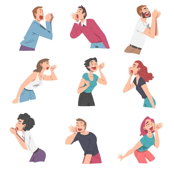 People Characters Shouting and Screaming Loud to the Side Holding Hand Near Mouth Vector Illustration Set — Stock Vector