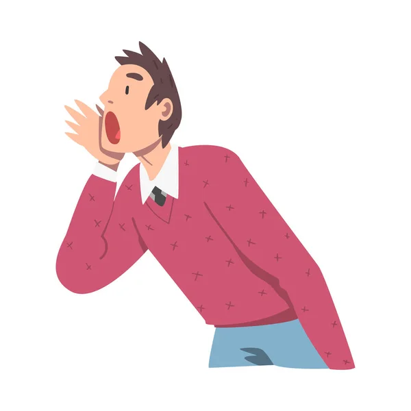 Muž postava drží ruku v blízkosti úst a křičí nebo křičí hlasitě na boční vektor ilustrace — Stockový vektor