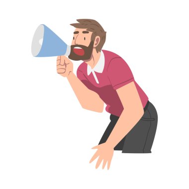 Man Character with Megaphone or Loudspeaker Making Announcement and Advertising Something Vector Illustration clipart