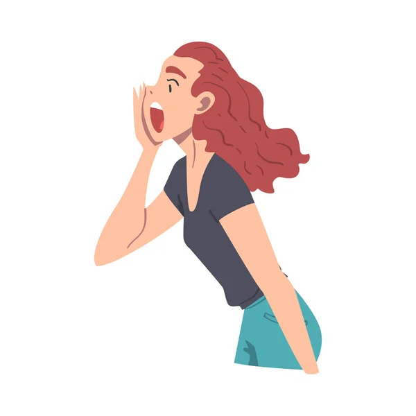 Mujer personaje sosteniendo la mano cerca de la boca y gritando o gritando fuerte a un lado Vector Ilustración — Vector de stock