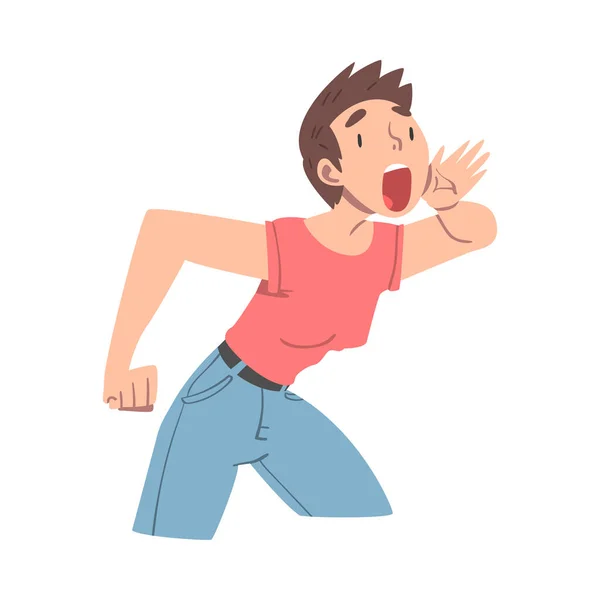 Vrouw karakter houden hand in de buurt van mond en schreeuwen of schreeuwen luid naar de Side Vector Illustratie — Stockvector