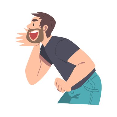 Man Character Holding Hand Near Mouth and Shouting or Screaming Loud to the Side Vector Illustration clipart