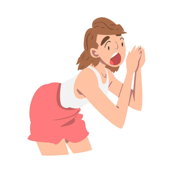Vrouw karakter houden hand in de buurt van mond en schreeuwen of schreeuwen luid naar de Side Vector Illustratie — Stockvector