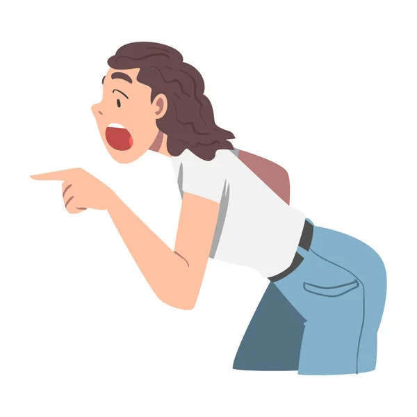 Vrouw karakter wijzend vinger naar iemand en schreeuwen of schreeuwen luid naar de Side Vector Illustratie — Stockvector