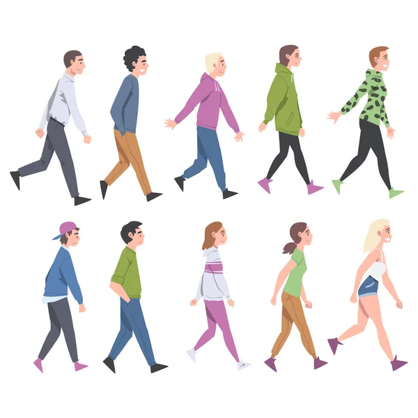 People Characters Going and Walking with Different Gait Side View Vector Illustration Set - Stok Vektor