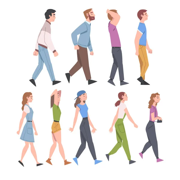 Personnages de personnes allant et marchant avec l'ensemble d'illustration vectorielle de vue de côté de marche différente — Image vectorielle