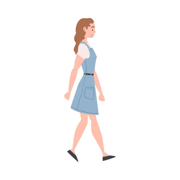 Frauenfigur in Denim Blue Kleid Gehen oder Gehen Schritte vorwärts Seitenansicht Vektor Illustration — Stockvektor
