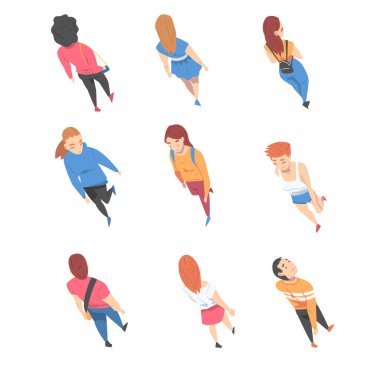 Go and Walking People Karakterleri Vektör İllüstrasyon Kümesi Üzerine Üst Görünüm