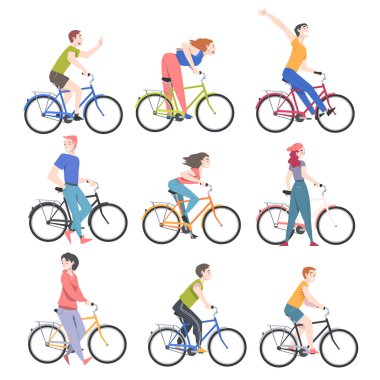 Bisiklet Keyifli Tatilde Mutlu İnsanlar Karakterleri Ya da Haftasonu Etkinlik Vektörü Çizimi