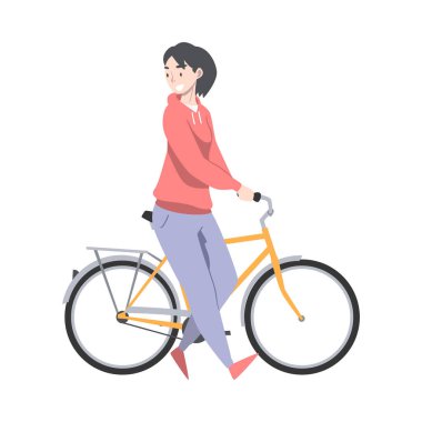 Bisiklet Yanında Yürüyen Mutlu Kadın Tatilin keyfini çıkarıyor ya da Haftasonu Etkinlik Gösterimi