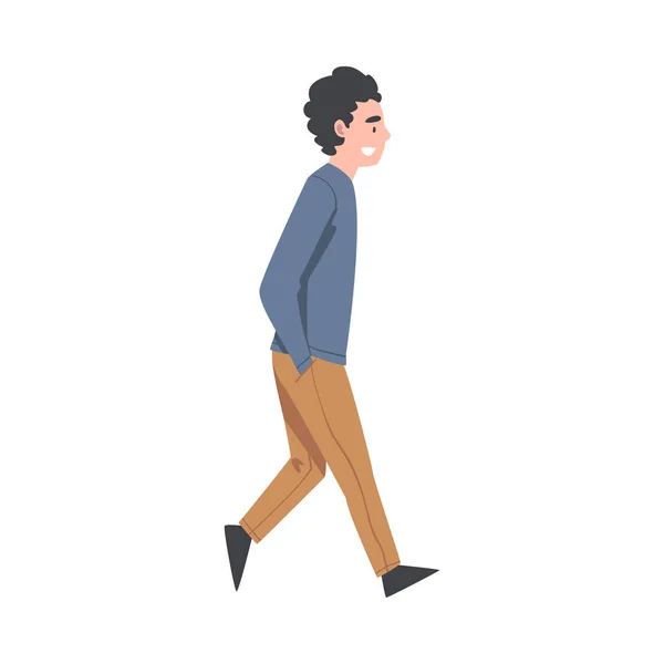 Personnage de l'homme marchant avec les mains dans les poches Prendre des mesures Illustration vectorielle de vue de côté vers l'avant — Image vectorielle