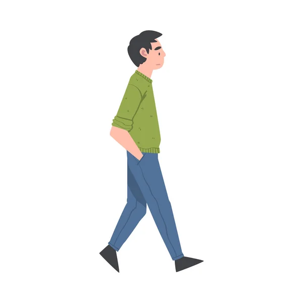 ポケットに手を入れて男のキャラクターを歩く前方のステップを取るサイドビューベクトルイラスト — ストックベクタ