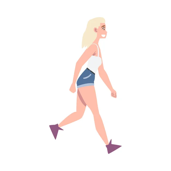 Walking Woman Charakter mit blonden Haaren Shorts Schritte vorwärts Seitenansicht Vektor Illustration — Stockvektor
