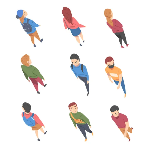 Top View on Going and Walking People Characters Zestaw ilustracji wektorowych — Wektor stockowy