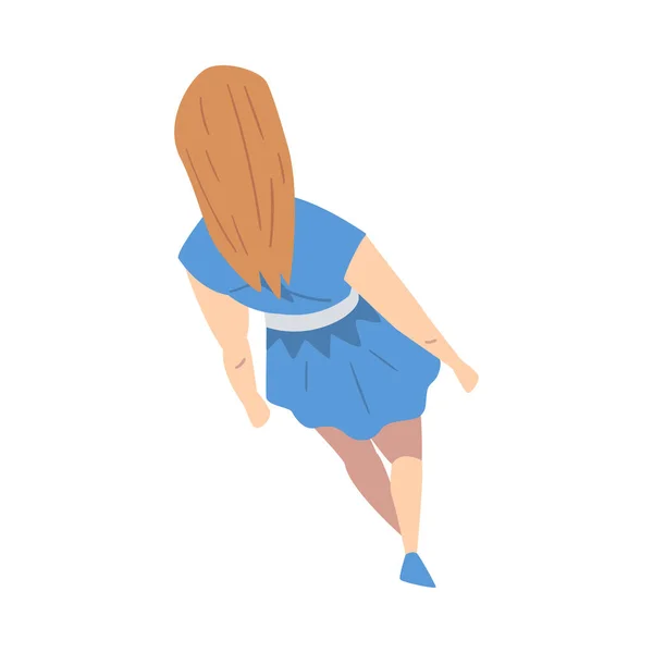 Draufsicht auf das Gehen und Gehen Frauenfigur trägt blaues Kleid Vektor Illustration — Stockvektor