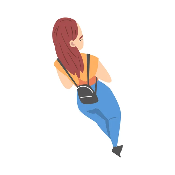 Draufsicht auf das Gehen und Gehen Frauenfigur mit Rucksack Vektor Illustration — Stockvektor