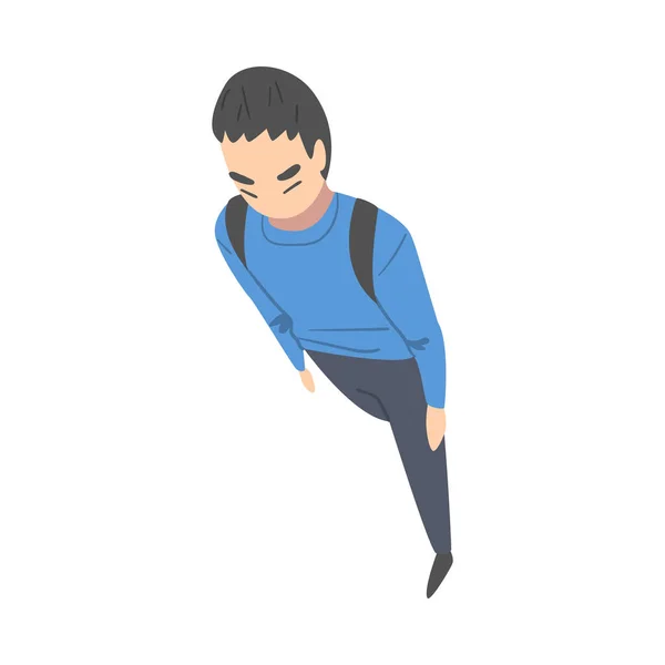 Going and Walking Man Character Wearing Backpack Top View Vector Illustration — Stockový vektor