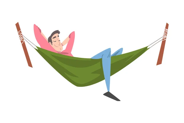 Smiling Male Lying in Hammock and Sleeping Vector Illustration — Stock Vector