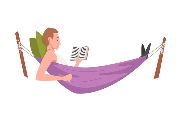 Young Male Lying in Hammock and Reading Book Vector Illustration — Stock Vector