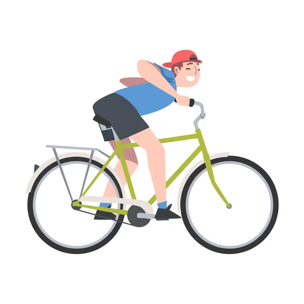 Happy Man Riding Bicycle Enjoying Vacation or Weekend Activity Vector Illustration — Stock Vector