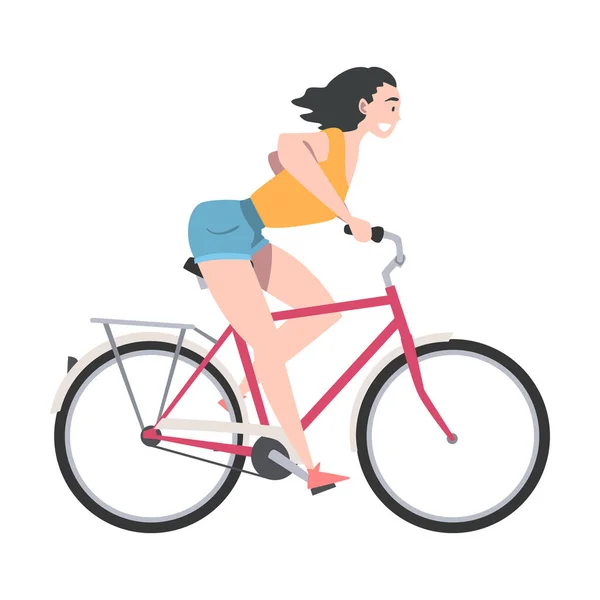 Beaming Woman Riding Bicycle Enjoying Vacation or Weekend Activity Vector Illustration - Stok Vektor