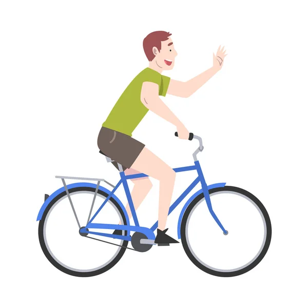 Joyous Man Riding Bicycle and Waving Hand Enjoying Vacation or Weekend Activity Vector Illustration — Stock Vector