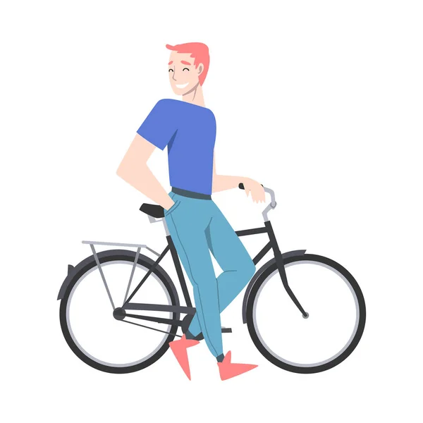 Beaming Man Standing Near Bicycle Enjoying Vacation or Weekend Activity Vector Illustration — Stock Vector