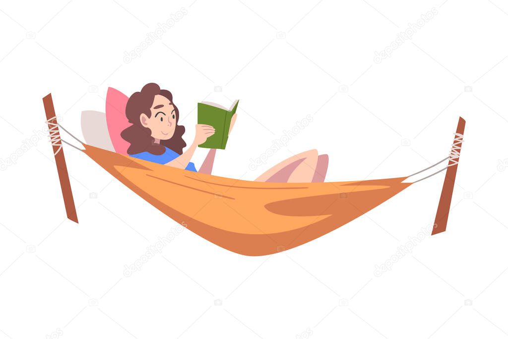 Young Female Lying in Hammock and Reading Book Vector Illustration