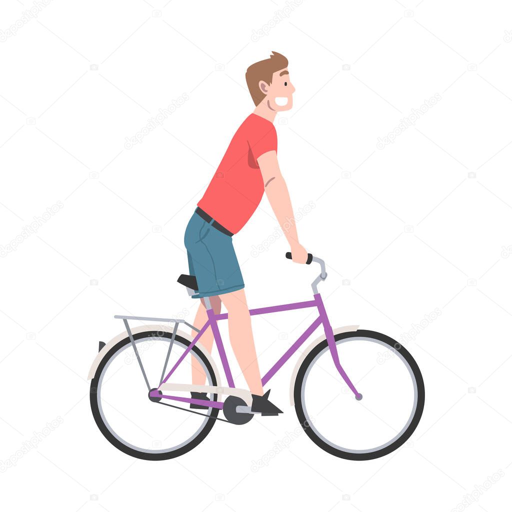 Happy Man Riding Bicycle Enjoying Vacation or Weekend Activity Vector Illustration