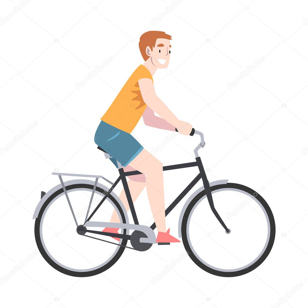 Happy Man Riding Bicycle Enjoying Vacation or Weekend Activity Vector Illustration