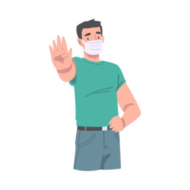 Yüzü maskeli genç adam elinde taşıyıcı illüstrasyonuyla virüsü durdurma işaretini gösteriyor.