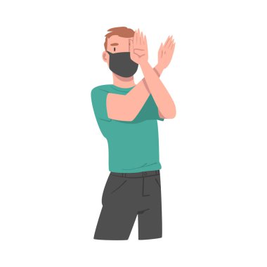 Yüz maskeli adam çapraz kollu vektör ilülasyonu ile Virüsü Durdurma İşareti Gösteriyor