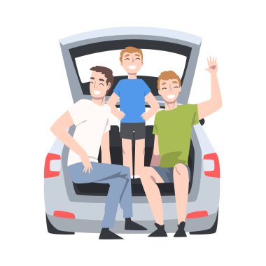 Adam ve Çocuk Araba Bagajında Oturuyor Resim Çekiyor Vektör Resimleri