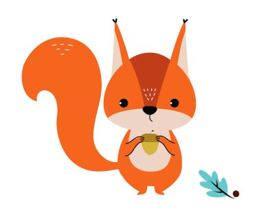 Kıvrık Kuyruklu Şirin Kırmızı Sincap Meşe Ağacı Tutuşu İllüstrasyonu