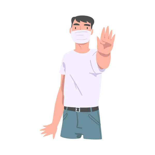 Νεαρός άνδρας φορώντας μάσκα προσώπου Εμφανίζει Stop Virus Είσοδος με το χέρι διανυσματική εικονογράφηση του — Διανυσματικό Αρχείο