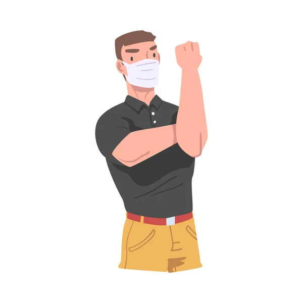 Man Φορώντας μάσκα προσώπου Εμφάνιση χέρι με σφιγμένη γροθιά ως Stop Virus Sign Vector Εικονογράφηση — Διανυσματικό Αρχείο