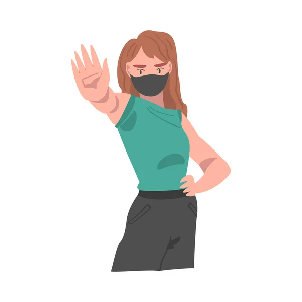 Junge Frau mit Gesichtsmaske zeigt Stopp-Virus-Zeichen mit ihrer Hand-Vektor-Illustration — Stockvektor