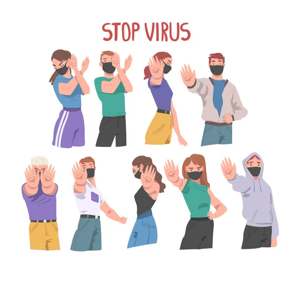 Personnages de personnes portant masque de visage montrant arrêter le signe de virus avec leurs mains Ensemble d'illustration vectorielle — Image vectorielle