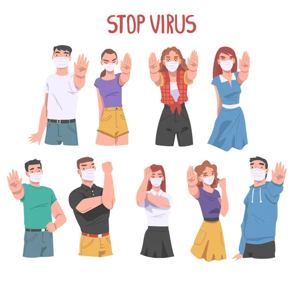 Personnages de personnes portant masque de visage montrant arrêter le signe de virus avec leurs mains Ensemble d'illustration vectorielle — Image vectorielle