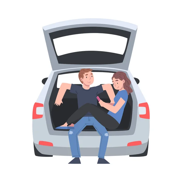 Par sitter i öppen bil bagageutrymmet tar bild vektor Illustration — Stock vektor