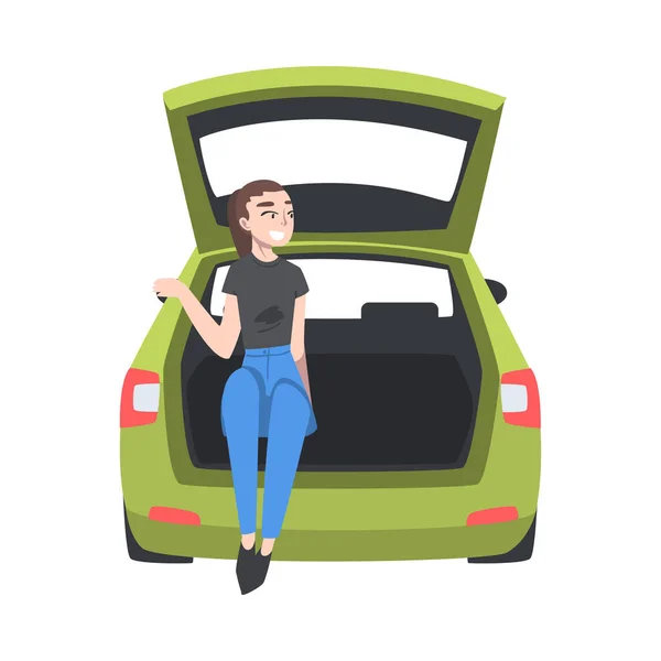 Beaming Woman Sitting in Car Trunk Taking Picture Vector Illustration - Stok Vektor