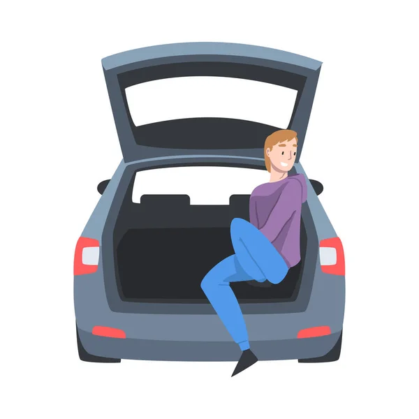 Beaming Man Duduk di Trunk Mobil Mengambil Gambar Vector Illustration - Stok Vektor