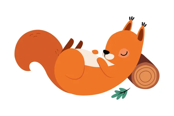 Red Fluffy Squirrel with Bushy Tail Sleeping Leaning on Log Vector Illustration Stock Illustration