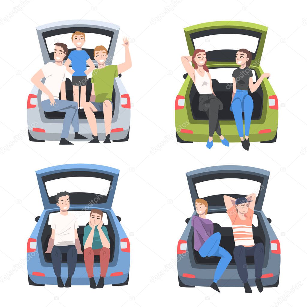 People Characters Sitting in Car Trunk Taking Pictures Vector Illustration Set