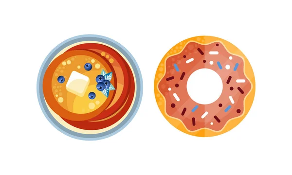 Stapel pannenkoeken en geglazuurde donuts set, lekker vers eten voor ontbijt of lunch Flat Vector Illustratie — Stockvector