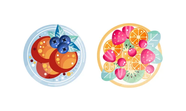 블루베리와 신선 한 과일과 베리 세트가 들어 있는 팬케이크, 아침 식사를 위한 식품을 만들기 위한 간청 또는 벡터 삽화의 점심 식사 — 스톡 벡터